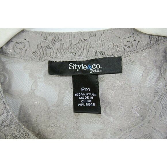 Style & Co Lace Blouse Button Front Ruffle Gray Sheer 3/4 Sleeves Petite MP NEW - Picture 6 of 7